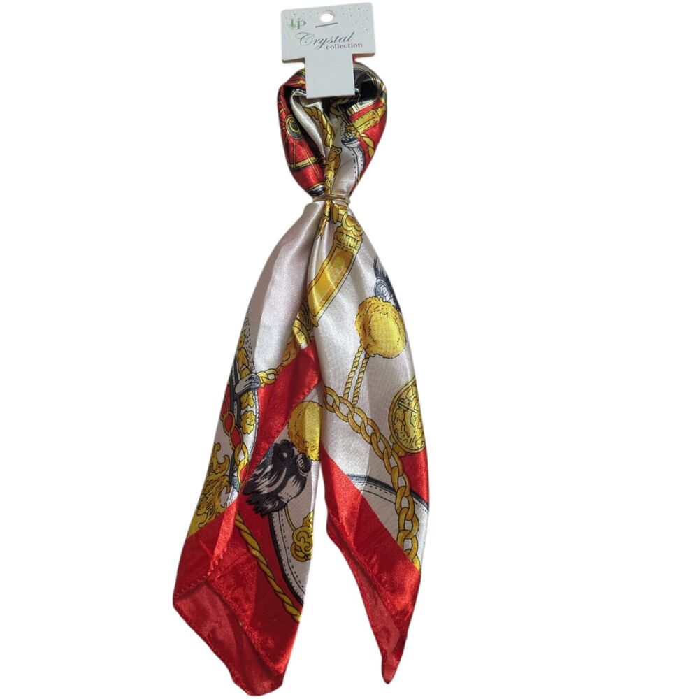 LP Crystal Collection Satin Hair Scarf Red Gold Chain Print Twilly Ponytail - Picture 2 of 5